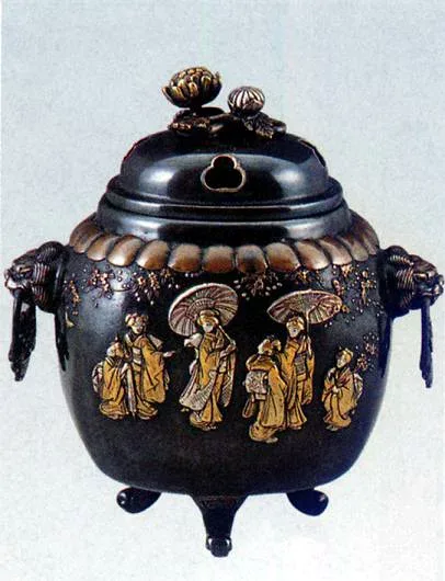 香炉・香立て■ 香炉 夏目獅子耳(元禄模様) ■大峰作 蝋型青銅(ブロンズ)製 証付 桐箱入り【高岡銅器】