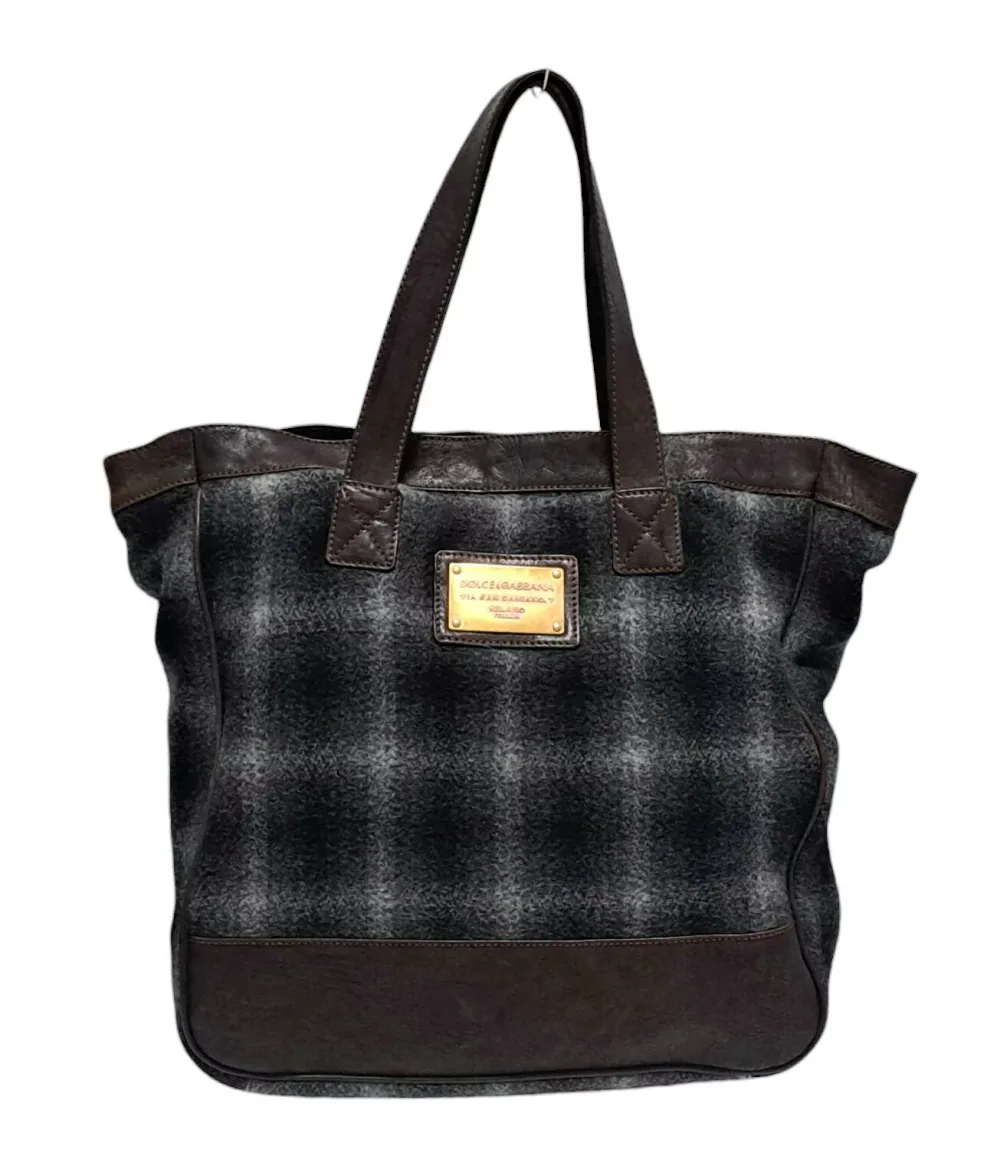 DOLCE&GABBANA ドルチェ&ガッバーナ ドルガバ トートバッグ ウール レザー チェック ブラック ブラウン メンズ BM0695 【中古】