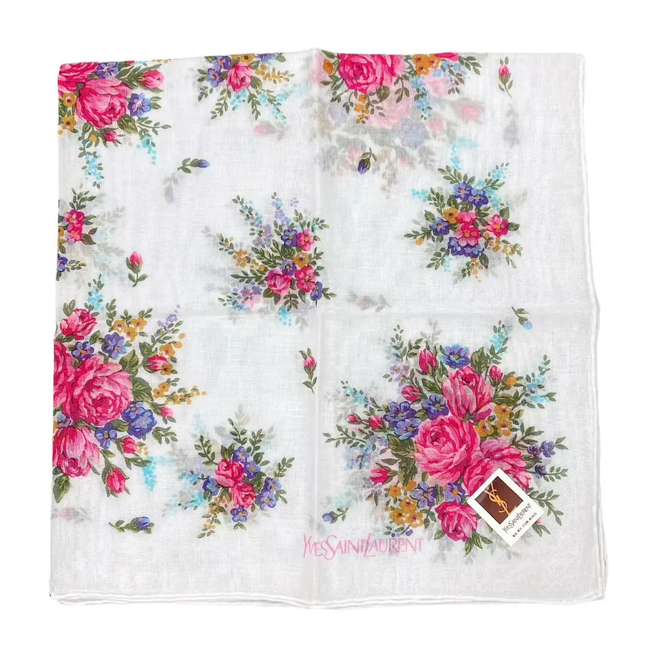 未使用 イヴサンローラン ハンカチ スカーフ レディース vintage 綿 scarf 100% ホワイト 花柄 フローラル YSL YVES SAINTLAURENT 【中古】