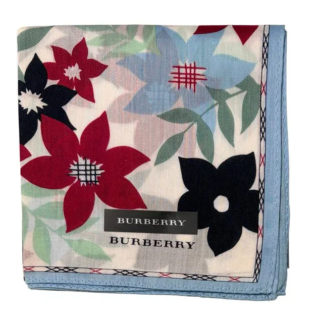 未使用 バーバリー ハンカチ 綿 100% scarf ランチマット フラワー ブルー ベージュ レディース メンズ BURBERRY コットン 【中古】
