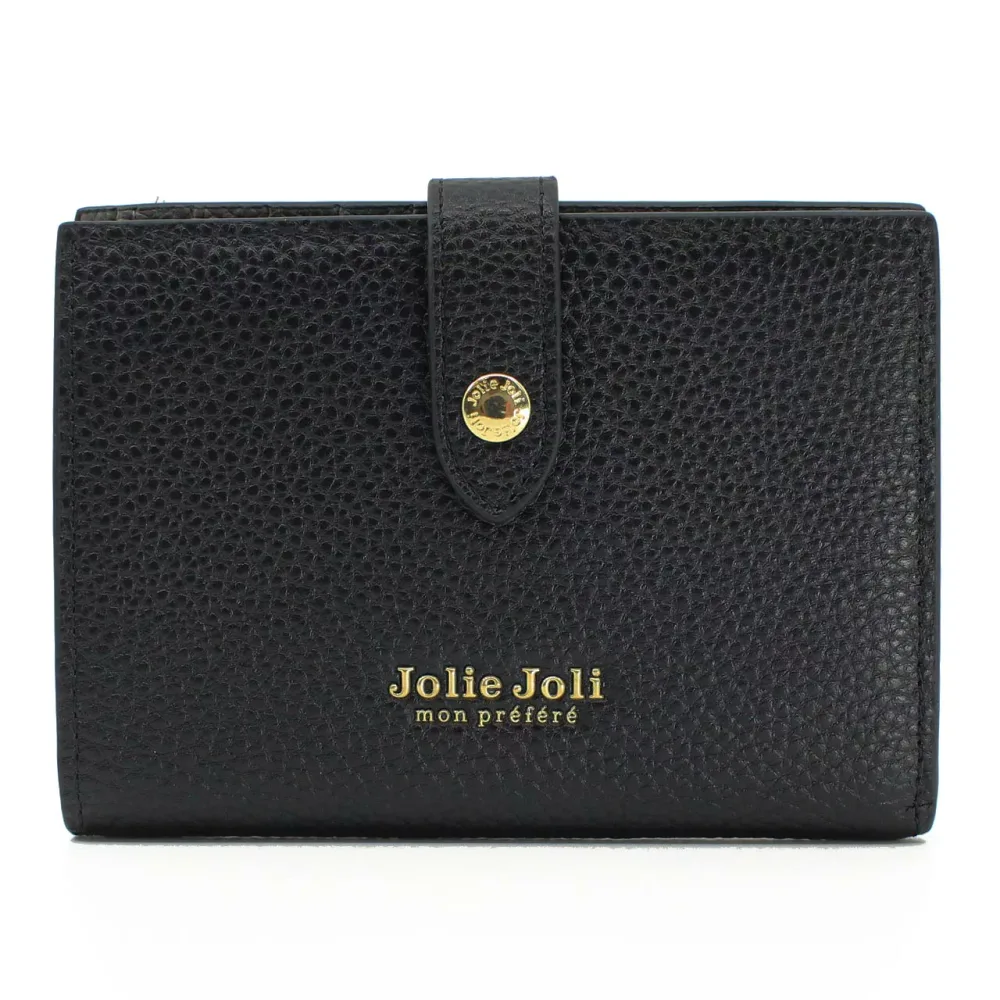 ジョリージョリ Jolie Joli ベルトフラップ開閉 二つ折り財布 2026180 ブラック&内面グレー (001) バイカラーウォレット エンボスレザー