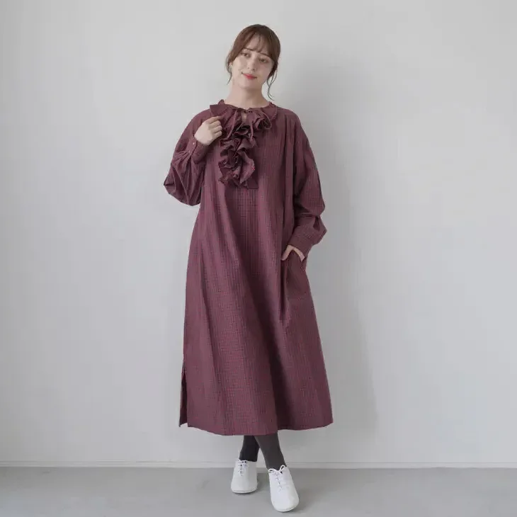 ROBE de PEAU (ローブデポー) | Ruffle Dress (red check) | レディース ワンピース ドレス フリルワンピース ラッフルドレス フリルデザイン チェック柄 チェックワンピース レッドチェック 赤 レッド 総柄 デザインワンピース 大人カジュアル 日本製