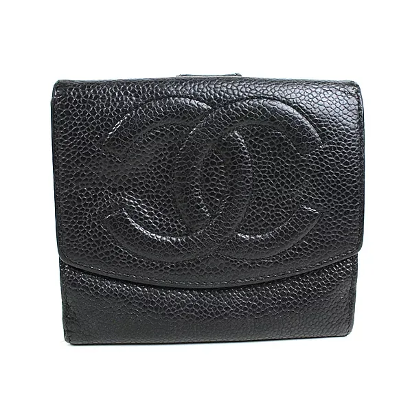 シャネル Wホック財布 二つ折り財布 キャビアスキン ブラック CHANEL ダブルホック q724 【中古】