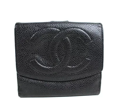 シャネル Wホック財布 二つ折り財布 キャビアスキン ブラック CHANEL ダブルホック q724 【中古】