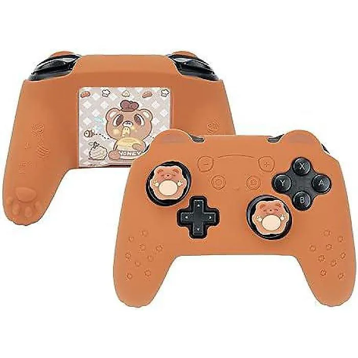 GeekShare 可愛いシュガーベア Nintendo Switch Pro Controller用コントローラースキンセット「ブラウン」2つのサムグリップキャップと1つのステッカー付き シリコン製保護カバーケース夏休スペシャル