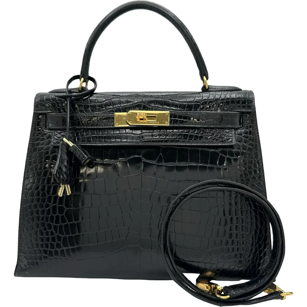 エルメス HERMES ケリー28 外縫い ○V刻印 ブラック ゴールド金具 ポロサス レディース ハンドバッグ【中古】