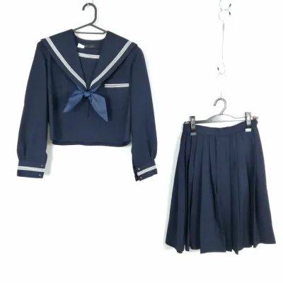 セーラー服 スカート スカーフ 上下3点セット 白3本線 女子 学生服 中学 高校 紺 制服 中古 ランクC NA8608