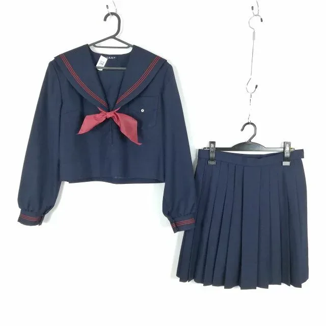 セーラー服 スカート スカーフ 上下3点セット 165 大きいサイズ 冬物 赤3本線 女子 学生服 中学 高校 紺 制服 中古 ランクC NA8716