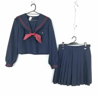 セーラー服 スカート スカーフ 上下3点セット 165 大きいサイズ 冬物 赤3本線 女子 学生服 中学 高校 紺 制服 中古 ランクC NA8716