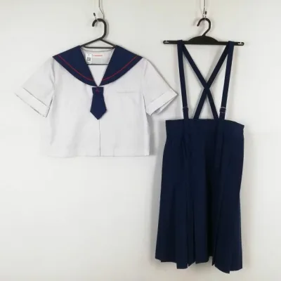 セーラー服 スカート ネクタイ 上下3点セット 大きいサイズ トンボ 夏物 赤1本線 女子 学生服 福岡那珂川中学 白 中古 ランクC NA8797
