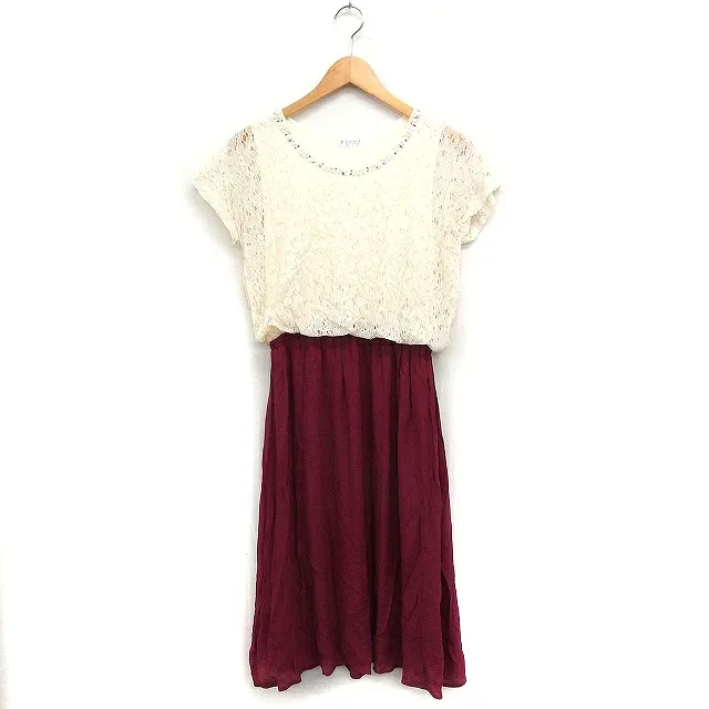 【中古】アクシーズファム axes femme 切替 ワンピース ドレス レース ギャザースカート ロング丈 半袖 装飾 M アイボリー 白 レッド 赤 /FT17 レディース 【ベクトル 古着】 250430