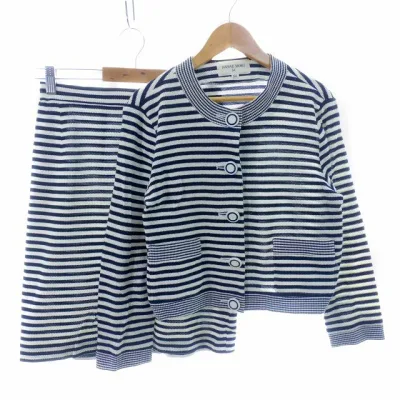 【中古】ハナエモリ HANAE MORI セットアップ カーディガン 七分袖 ラウンドネック スカート タイト ミニ バックファスナー コットン ボーダー 9A3 黒 白 ブラック ホワイト トップス ボトムス /AZ レディース 【ベクトル 古着】 260511