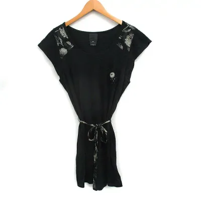 【中古】アナスイ ANNA SUI ワンピース キャップスリーブ ひざ丈 プリント シルクベルト M ブラック 黒 /FT17 レディース 【ベクトル 古着】 260521
