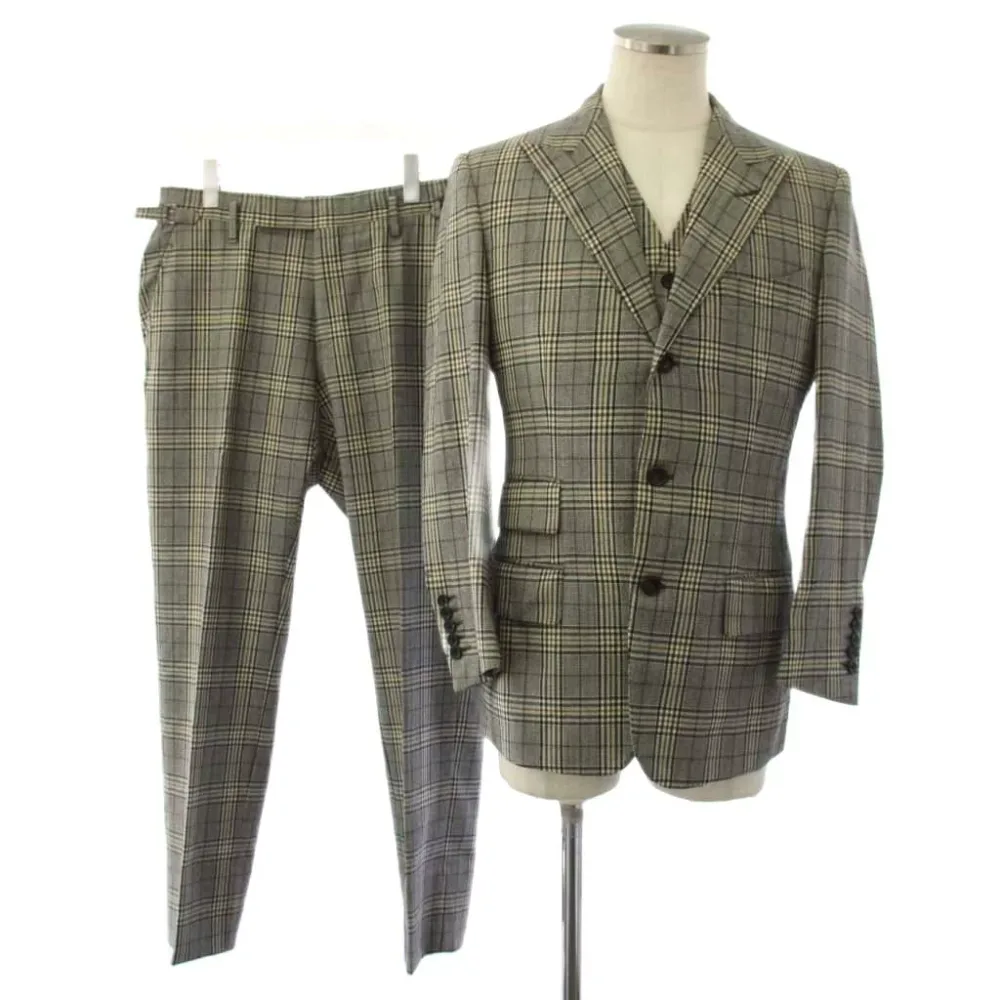 【中古】トムフォード TOM FORD シングルスーツ 3点セット テーラードジャケット ベスト ジレ パンツ スラックス チェック 46R グレー 31BL4B /KH メンズ 【ベクトル 古着】 260713
