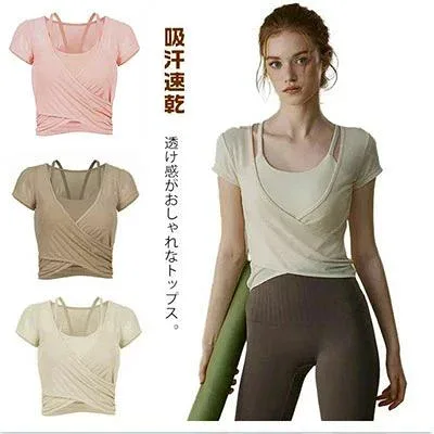 Women's Yoga Wear Tops with Cups, Short Length, Short Sleeve Tops, Sweat Absorbent, Quick Drying, Thin Yoga T-Shirt, Pilates Wear, Simple, Cute