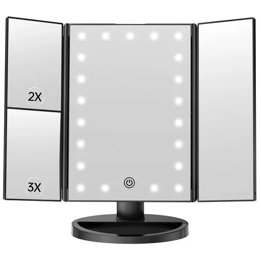 FACSINATE Actress Mirror, Three-sided Mirror with LED Light, Tabletop Mirror, Adjustable Brightness, Makeup, Foldable, Magnifying Mirror, 2/3x Angle Adjustment, Black
