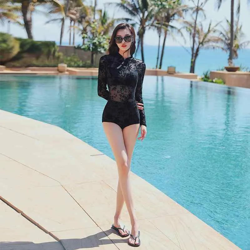 体型カバー水着 露出控えめ おしゃれ かわいい レディース 水着 ワンピース チャイナ風 水着 レディース 2024 温泉 チャイナ スタイル 長袖 黒 レースの 魅惑的 ワンピース ハイエンド