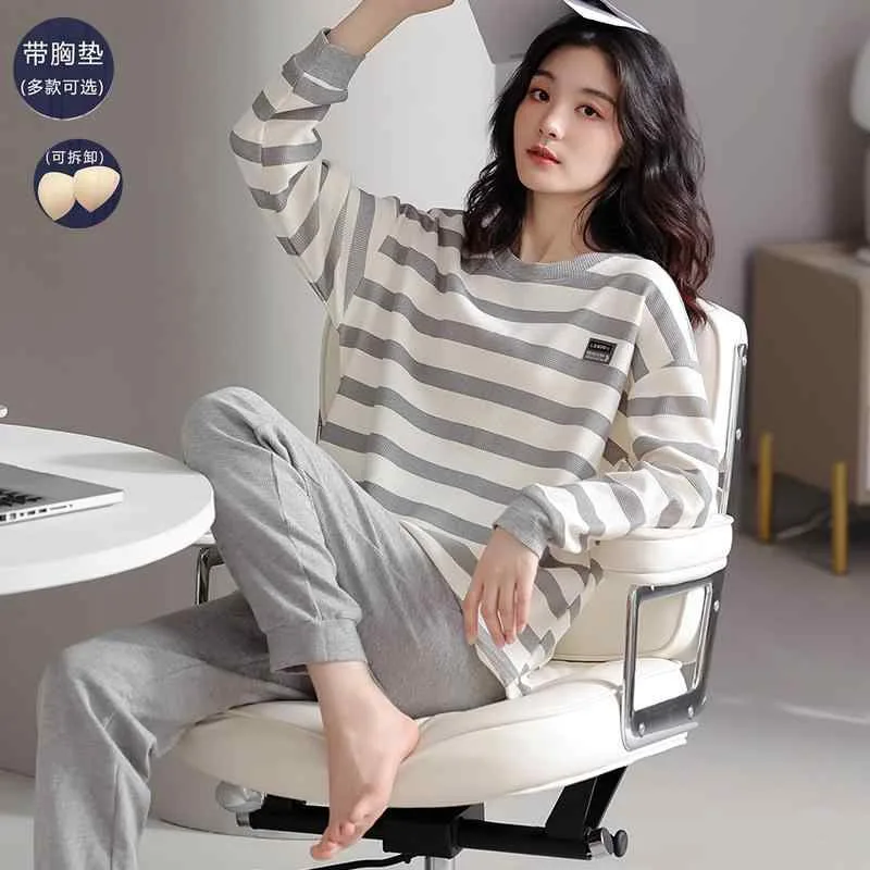 パジャマ レディース かわいい NEW WEI MI パジャマ レディース 胸 パッド 付き 2025 春秋 綿 ホームウェア 大きいサイズ スーツ