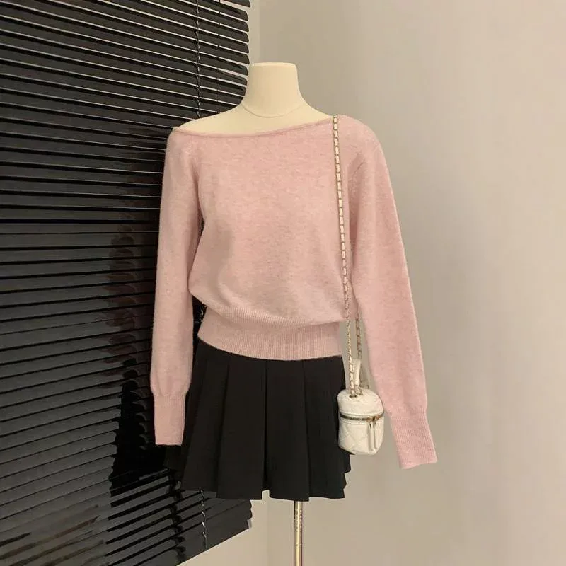 ニットトップス レディース 韓国 オフショルダー 長袖 ショート丈 秋冬 インナー 肩出し 伸縮性 暖かみ レイヤード スタイル