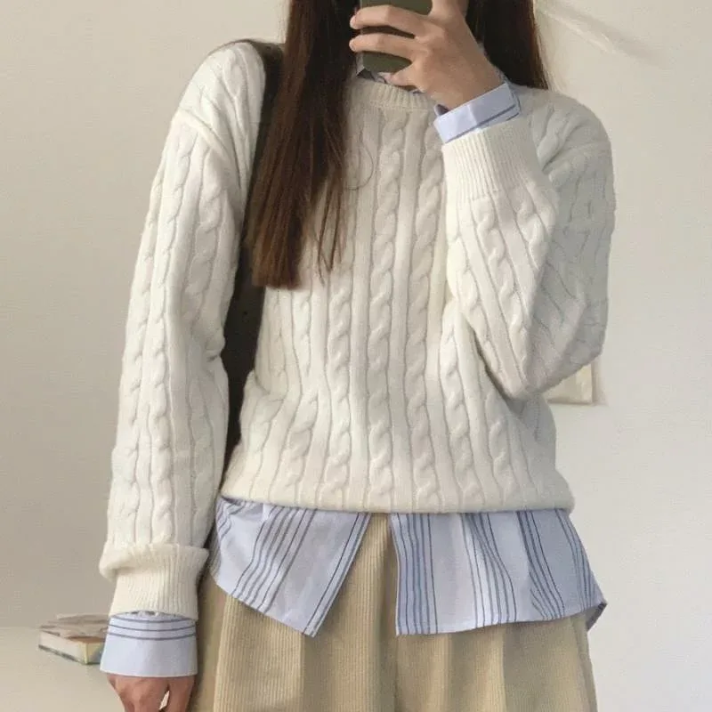 レディース 秋冬 ゆったり ラウンドネック ケーブルニット セーター 韓国 シンプル 単色 トップス カジュアル 暖かみ 伸縮性 普段使い