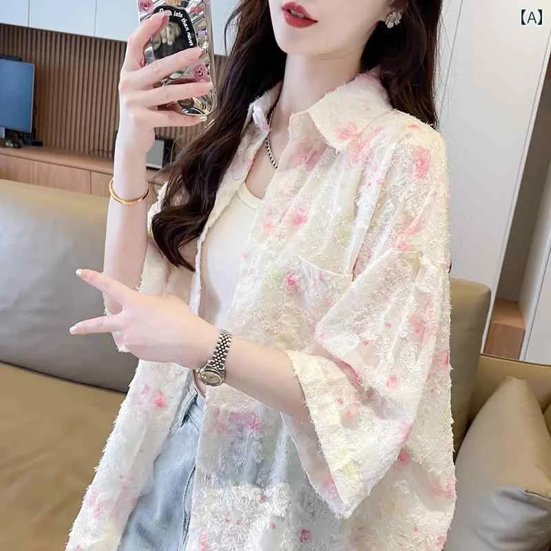 ジャカード 半袖 シャツ 日焼け防止 服 レディース 夏 ファッション 半透明 ミディアム ロング ポケット ジャケット トップ