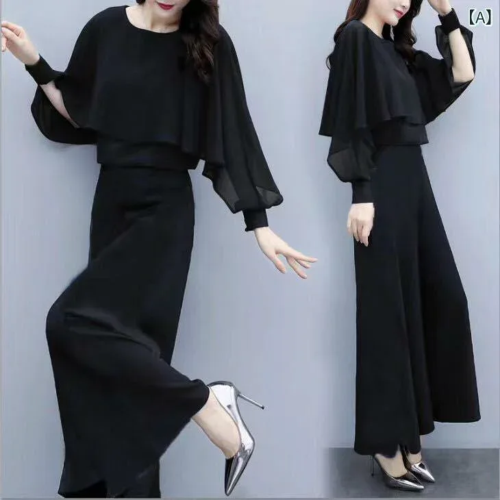 レディースワイドパンツ シンプル 大人カジュアル 2024 春服の 新型の 大きいサイズ 婦人服の ゆったりした シフォンの 上着の ズボンの 2つの セットの カジュアル ファッションの ワイド レギンスの ズボンの スーツ 女性