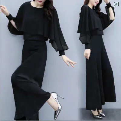 レディースワイドパンツ シンプル 大人カジュアル 2024 春服の 新型の 大きいサイズ 婦人服の ゆったりした シフォンの 上着の ズボンの 2つの セットの カジュアル ファッションの ワイド レギンスの ズボンの スーツ 女性