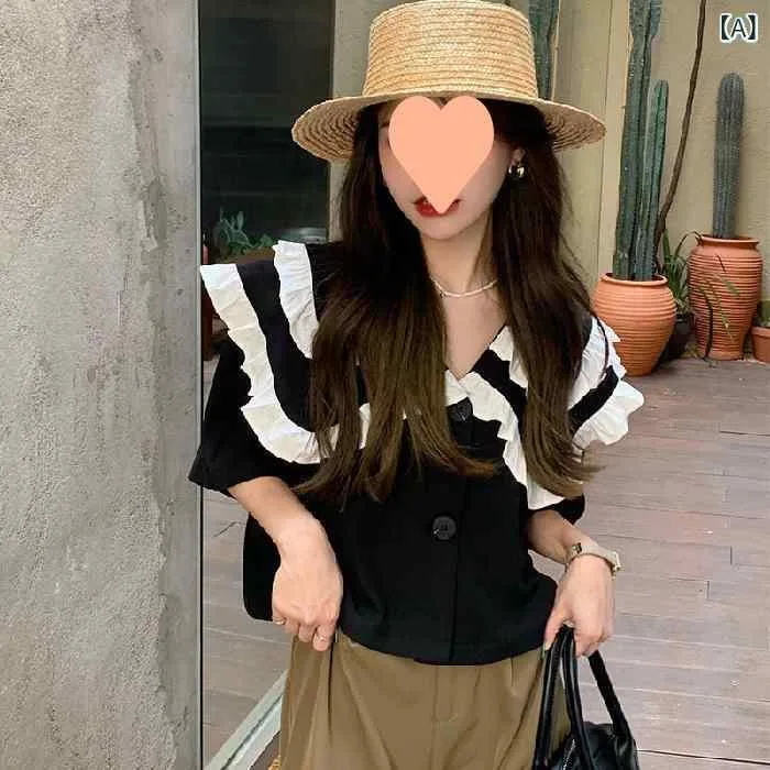 ティアード チュニック ブラウス ぽわん袖 レディース 人形 襟 二 重 半袖 シャツ 女性 夏 2024 新型 フランス 感 雪 紡 織 ショート シャツ