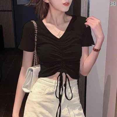 ティアード チュニック ブラウス ぽわん袖 レディース ネット 紅 香 芋 紫 紐 引き t シャツ 女性 半袖 火 修身高 腰 露 臍 裾 結び 上着