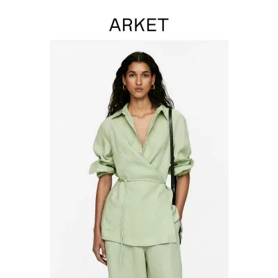 コットンリネン 着心地 柔らかい 無地 大人 レディース シャツ トップス ARKET レディース リネン 長袖 アシンメトリー ヘム シャツ グリーン 2025 夏 1269848001
