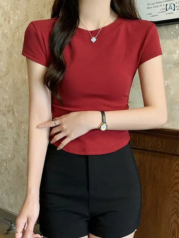 レディース チュニック シャツ 半袖 レディース チュニック シャツ 半袖 レディース ワイン レッドの 美しい 美 白 半袖 Tシャツ 2025夏の プリーツ ウエスト スリム トップ レイヤリング シャツx2