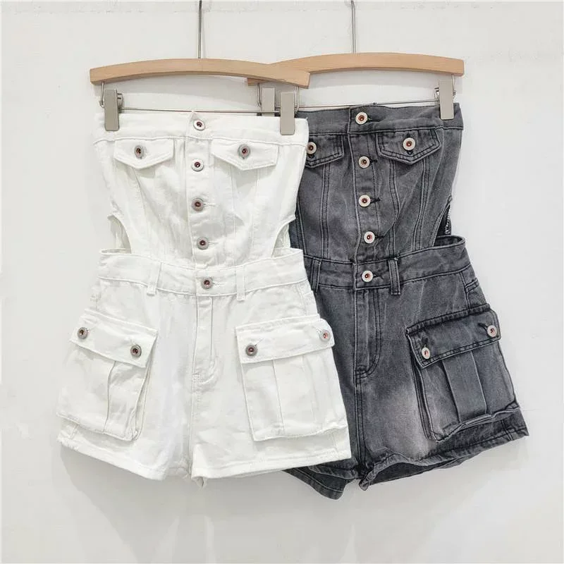 レディース デニム オールインワン ショートパンツ ボタン aライン ワイド レッグ 夏 カジュアル ファッション ワーク スタイル 綿 素材 軽量 ストレッチ