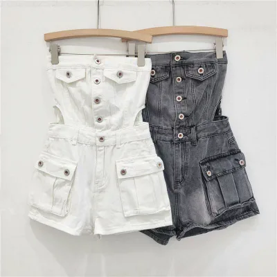 レディース デニム オールインワン ショートパンツ ボタン aライン ワイド レッグ 夏 カジュアル ファッション ワーク スタイル 綿 素材 軽量 ストレッチ