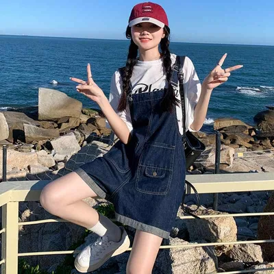 レディース デニム サスペンダー ショートパンツ 夏用 薄手 ハイウエスト ワイドレッグ ストレート ゆったり スタイルアップ フィット ジーンズ ショーパン ホットパンツ 普段使いx2
