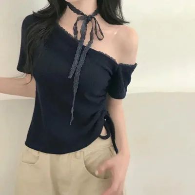 レディース 春夏 Tシャツ オフショルダー レース ネック ドローストリング ショートスリーブ ウエストシェイプ スリミング ユニーク ショート丈 かわいい セクシー トップス 軽量 伸縮性 吸湿速乾 ピンク系