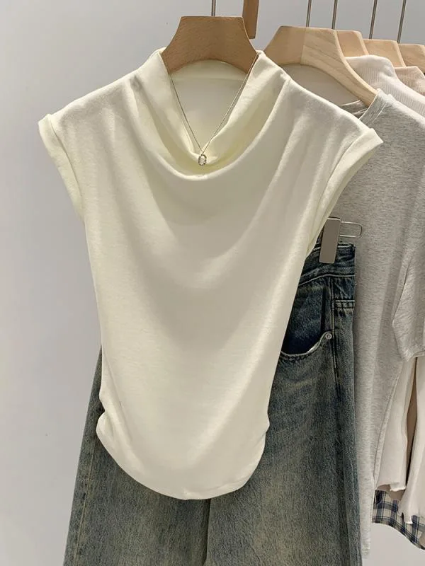 レディース 無袖 Tシャツ フレンチ スタイル 甘め エレガント スクエア ショルダー ウエスト 切り替え 短め トップス 夏用 軽やか シルエット