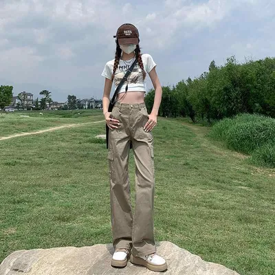 レディース ハイウエスト ストレート カーゴパンツ 春夏 ワイドレッグ スリム見せ アメリカン レトロ カジュアル ボトムス 普段使い ゆったり フィット