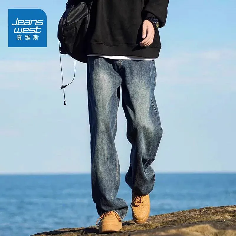 メンズ ズボン 厚手 Jeanswest レトロ ジーンズ メンズ 2025 春 ストレート ファッション カジュアル ワイド レッグ パンツ