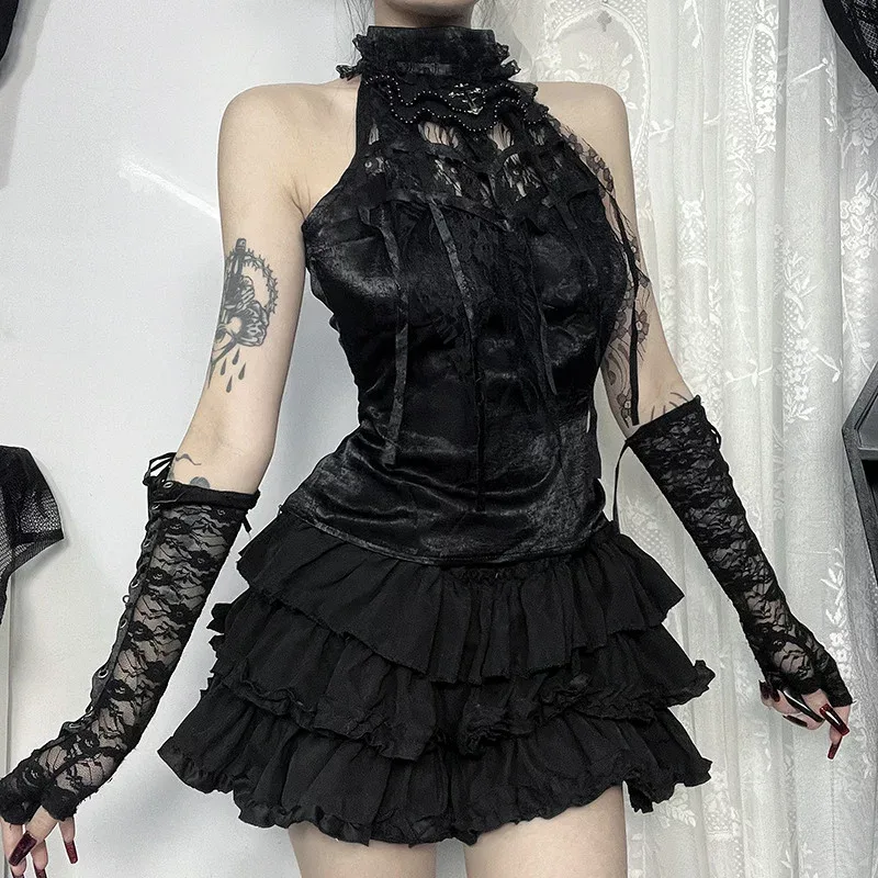 ベスト レディース ゴシック系 暗黒風 薔薇 クモの巣柄 蝶ネクタイ付き スリム ストラップ トップス ノースリーブ 重ね着風 地雷系 量産型 V系 パンク ロック系 立ち襟 ビスチェ コルセット風 体型カバー 着痩せ 細見え お腹周りカバー 二の腕カバ