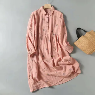 ワンピース レディース 長袖 秋服 ゆったり 体型カバー 着痩せ ロング丈 花柄 プリント 二重綿糸 コットン 柔らかい 快適 ナチュラル カジュアル 韓国風 フェミニン 大人かわいい 膝下丈 ミモレ丈 大きいサイズ プラスサイズ お腹周り 二の腕カバー