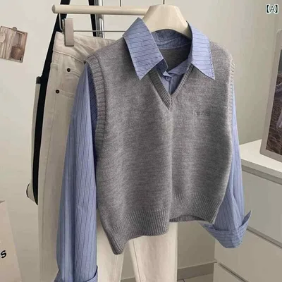 レディース ファッション 春夏 秋冬 かわいい オシャレ 韓国 Vネック 若々しい プレッピー レトロ ベスト 高級 フェイク ツーピース トップ