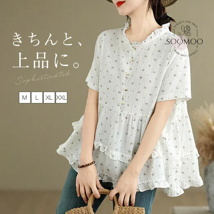 チュニック レディース トップス 半袖 総柄 切り替え チュニックブラウス プルオーバー tシャツ ブラウス フレア フリル襟 綿麻風 体型カバー ゆったり 大人可愛い 体型カバーおしゃれ きれいめ ナチュラル 森ガール 春 夏
