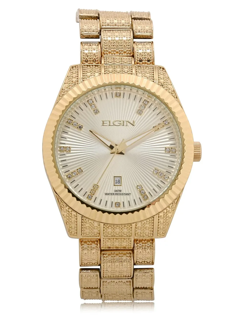 Elgin メンズ アナログ腕時計 ゴールドカラー ハンマー仕上げバンド クリスタル装飾 日付表示付き