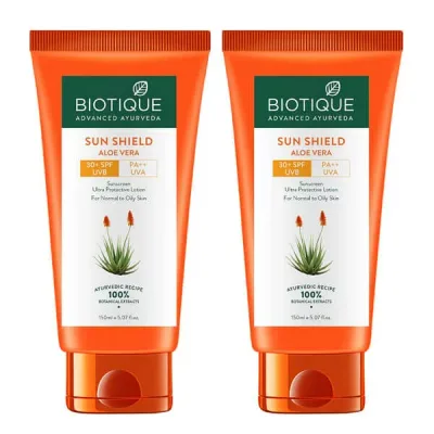 サンシールドアロエベラサンスクリーン 150ml 2本 SPF30+ バイオティーク Biotique Sun Shield Aloe Vera Sunscreen 日焼け止めクリーム 天然成分 アーユルヴェーダ 国際郵便発送 海外通販 正規品 日時指定不可