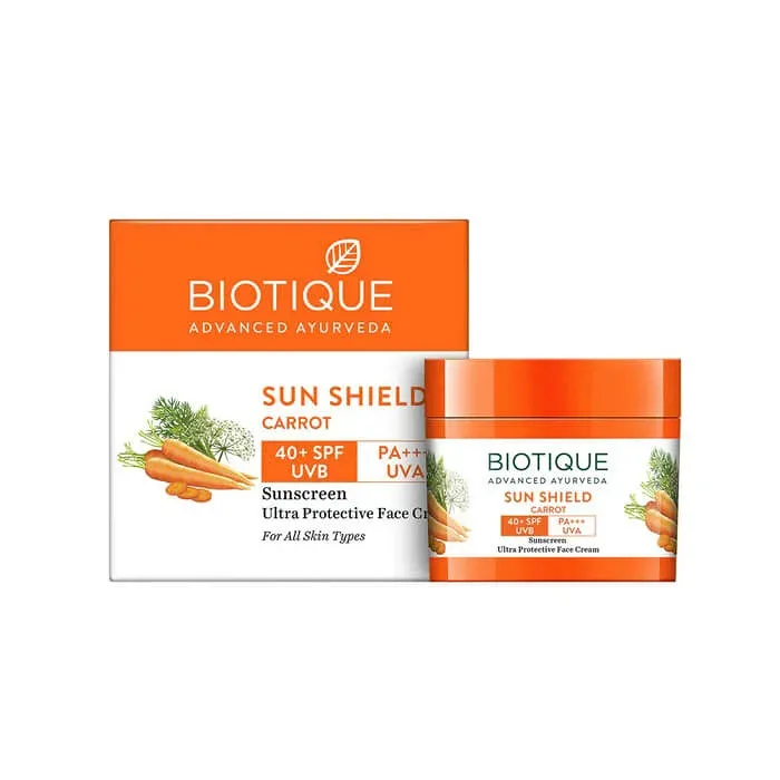サンシールドキャロットサンスクリーンクリーム 50g 1個 SPF40+ PA+++ バイオティーク Biotique Sun Shield Carrot Sunscreen Cream 日焼け止めクリーム 植物成分 アーユルヴェーダ 国際郵便発送 海外通販 正規品 日時指定不可