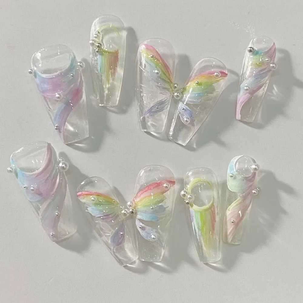 ネイルチップ 10枚入り 虹 rainbow パール 透明 蝶々 夏 スクエア ロング 貼るネイル つけ爪 淡い アートチップ デザインチップ 付け爪 結婚式 披露宴 成人式 ウエディング ブライダル ジェルネイル オシャレ