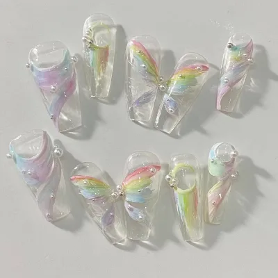 ネイルチップ 10枚入り 虹 rainbow パール 透明 蝶々 夏 スクエア ロング 貼るネイル つけ爪 淡い アートチップ デザインチップ 付け爪 結婚式 披露宴 成人式 ウエディング ブライダル ジェルネイル オシャレ