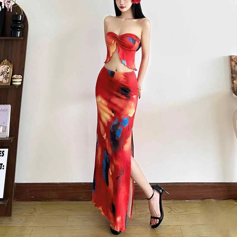 春夏 女性用 ドレス セット 芸術的 デザイン ストラップレス トップス 抽象柄 プリント カラーブロック ハイウエスト ロング マキシスカート 軽量 素材 伸縮性 吸湿速乾 ピンク系 ブラック アイボリー 普段使い 通勤用 カジュアルスタイル ビッグシ