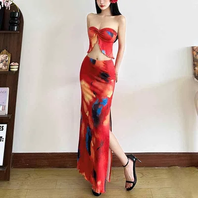 春夏 女性用 ドレス セット 芸術的 デザイン ストラップレス トップス 抽象柄 プリント カラーブロック ハイウエスト ロング マキシスカート 軽量 素材 伸縮性 吸湿速乾 ピンク系 ブラック アイボリー 普段使い 通勤用 カジュアルスタイル ビッグシ