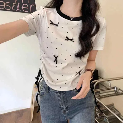 トップス 女性用 春夏 短袖 ドット柄 蝶結び ショート丈 フィット感 かわいい セクシー ユニーク 肩上 綿素材 軽量 吸湿速乾 通勤 普段使い カジュアル ブラック ピンク系 アイボリー